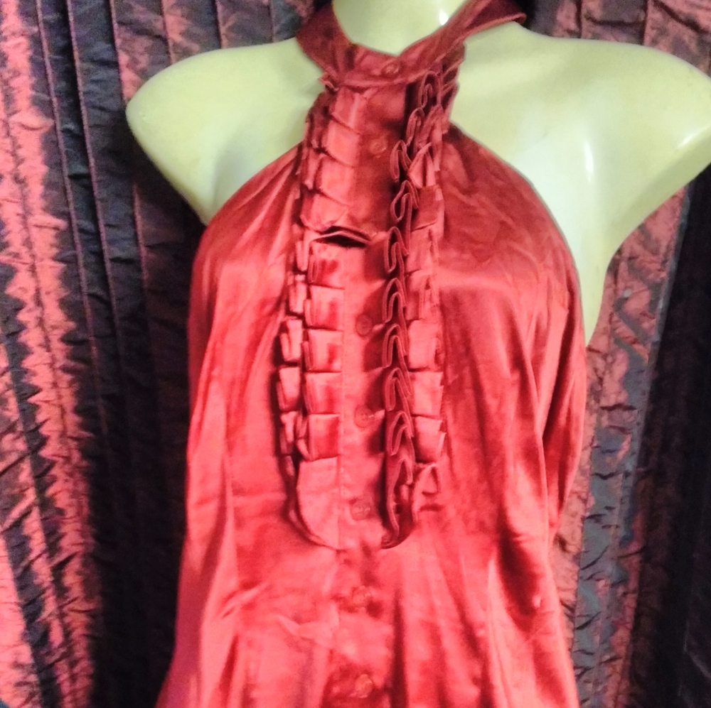 Bebe sleeveless red SILK halter top w/ ruffles & buttons down front.